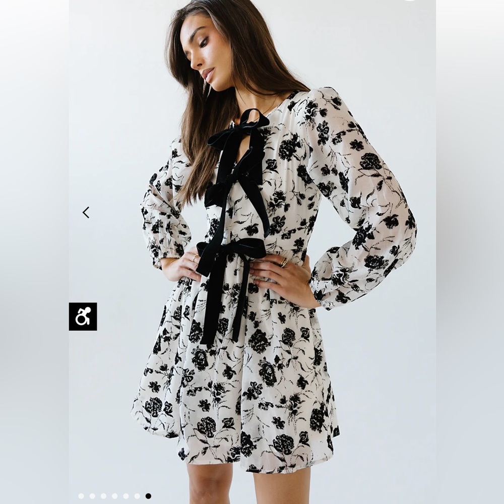 NWT bohme Kandice Floral Mini Black & White  Tie-Front Long Sleeve Dress